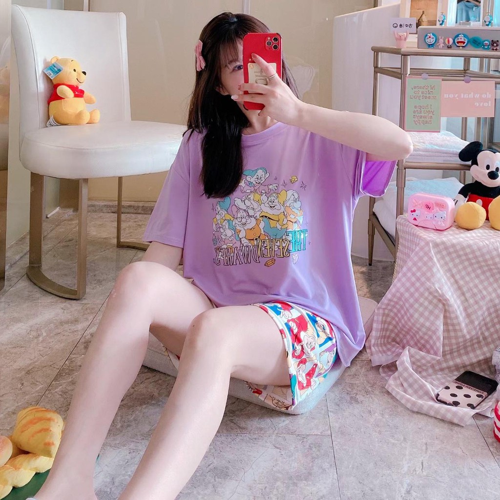 Baju Tidur Piyama Set/Piyama Wanita Import/Baju Piyama Pendek/Short Sleep Wear-J20-Ungu Kurcaci