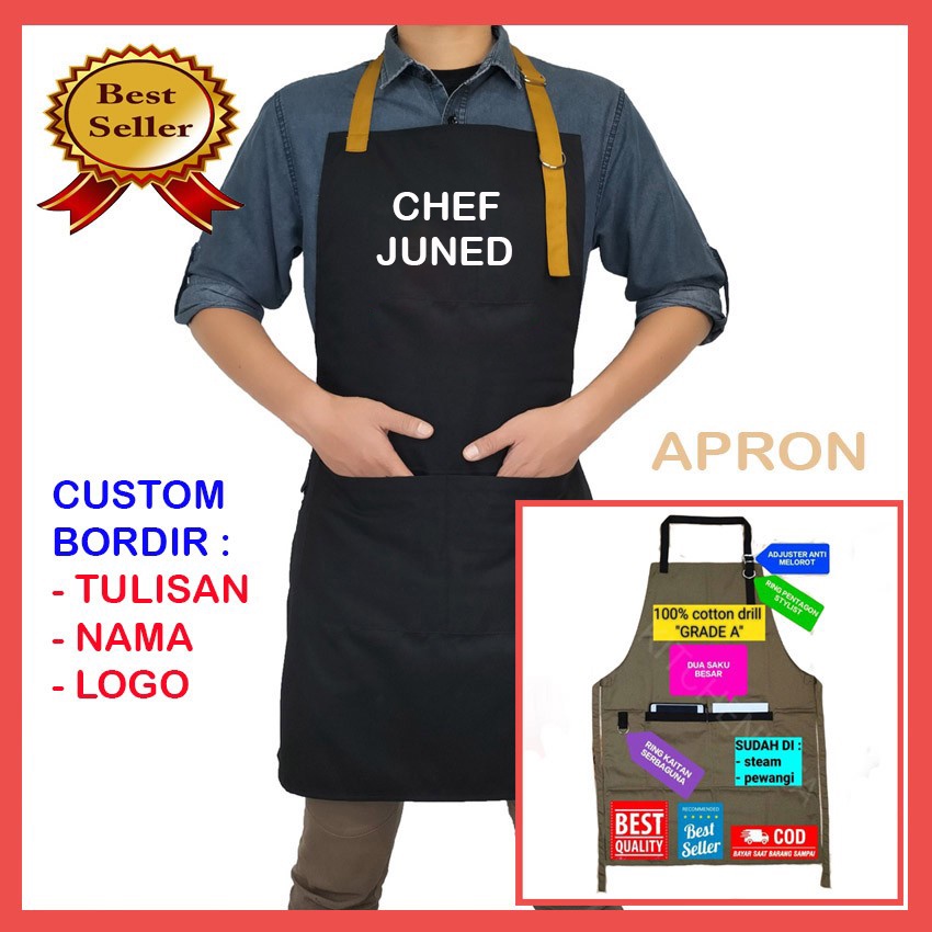 GRATIS LOGO NAMA Apron celemek bahan drill halus premium custom request satuan