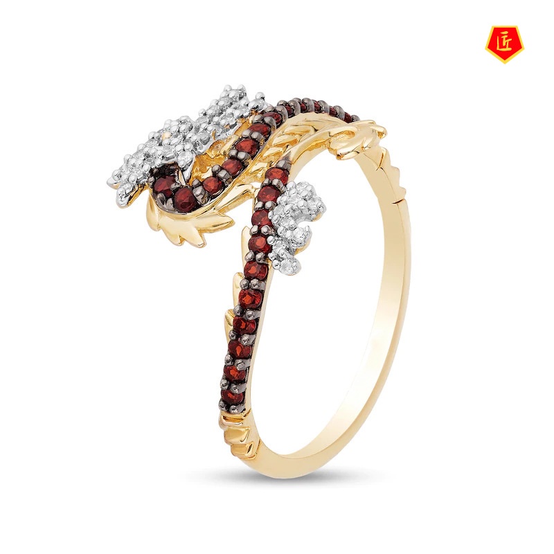 [Ready Stock]Refined Personalized 18K Gold Full Diamond Chinese Dragon Ring