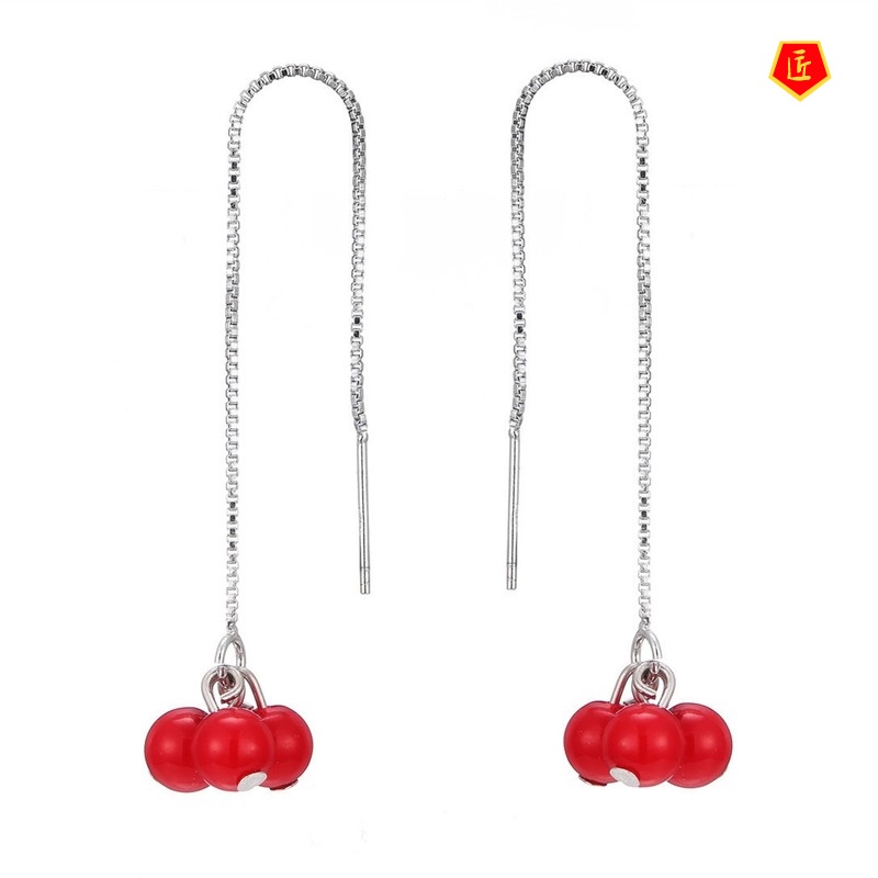 [Ready Stock]Temperamental Sweet Tassel Red Bean Stud Earrings for Women