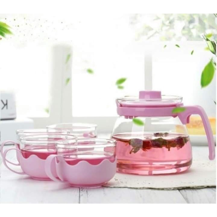 [BISA COD] TEKO SET TEAPOT HC HAPPY CALL TEAPOT SET 5 IN 1TEAPOT GELAS KACA PICHER SET 5 IN 1