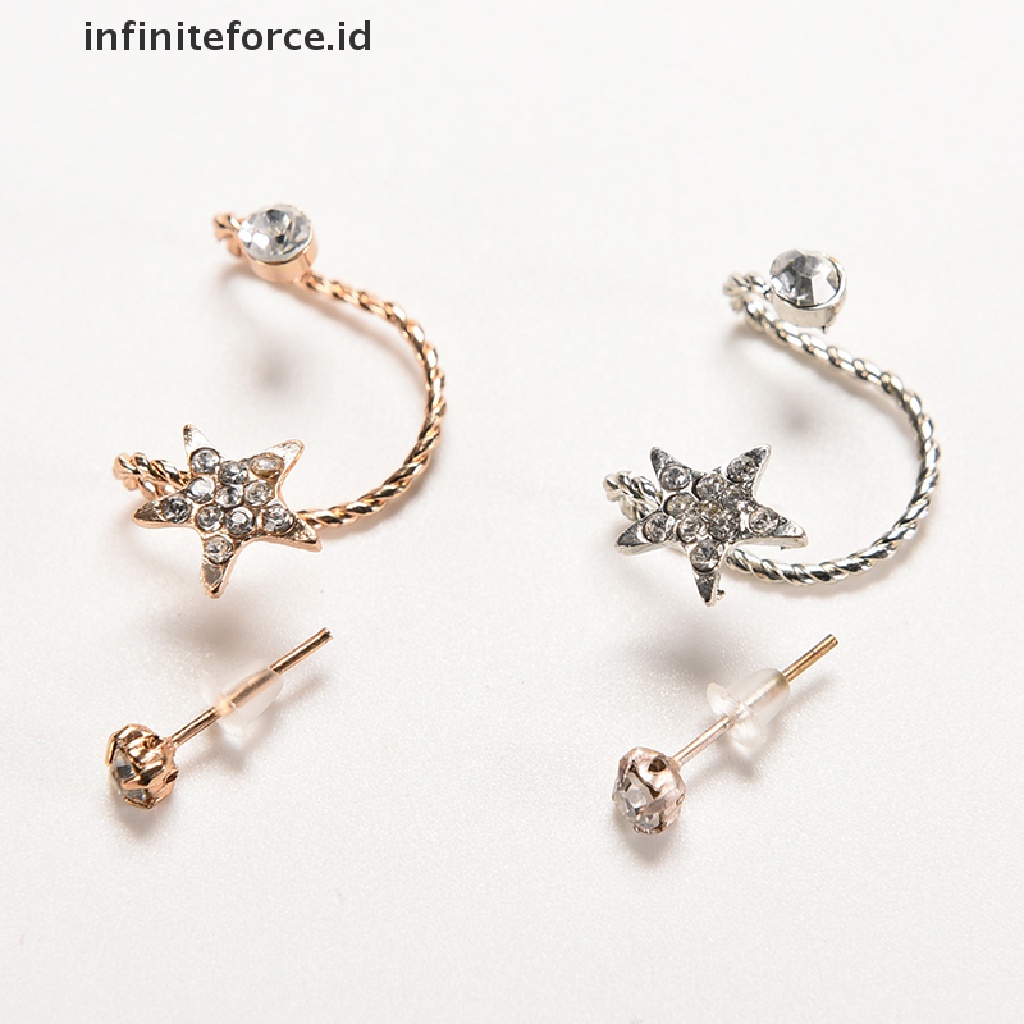 Infiniteforce.id Anting Klip Jepit Wanita Desain Pentagram Hias Kristal Berkilau