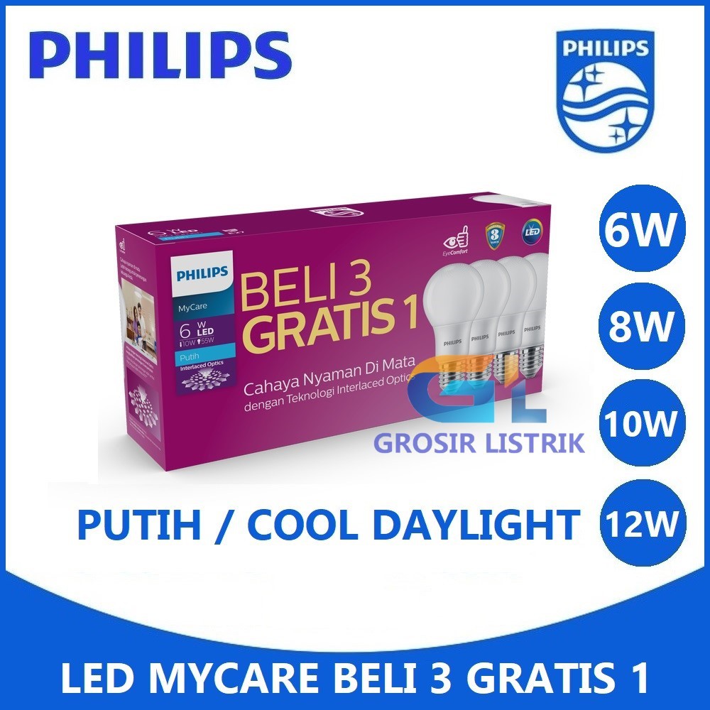 Lampu Philips LED Bulb MyCare Multipack 4W 6W 8W 10W 12W Putih Paket Beli 3 Gratis 1 Grosir 4 6 8 10 12 W