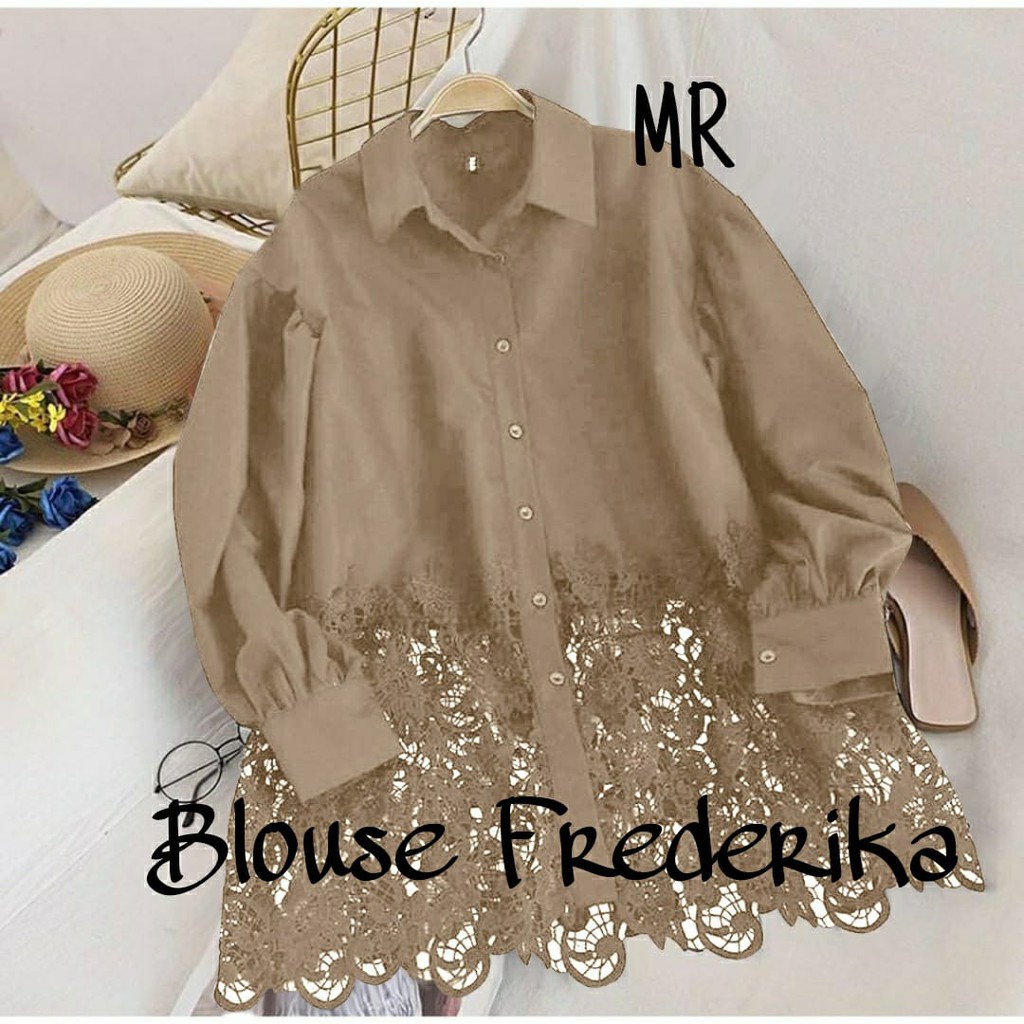 PCS BLOUSE FREDERIKA 3 UKURAN L XL XXL FASHION PAKAIAN  ATASAN WANITA BAHAN MOSCREPE KOMBI BRUKAT MR ADA VIDEO PRODUK ASLI