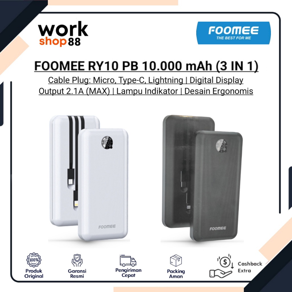Produk Baru - FOOMEE RY10 Power Bank 10000 mAh 2.1A ( 3in1 Cable Build-in Micro | Type C | Lightning