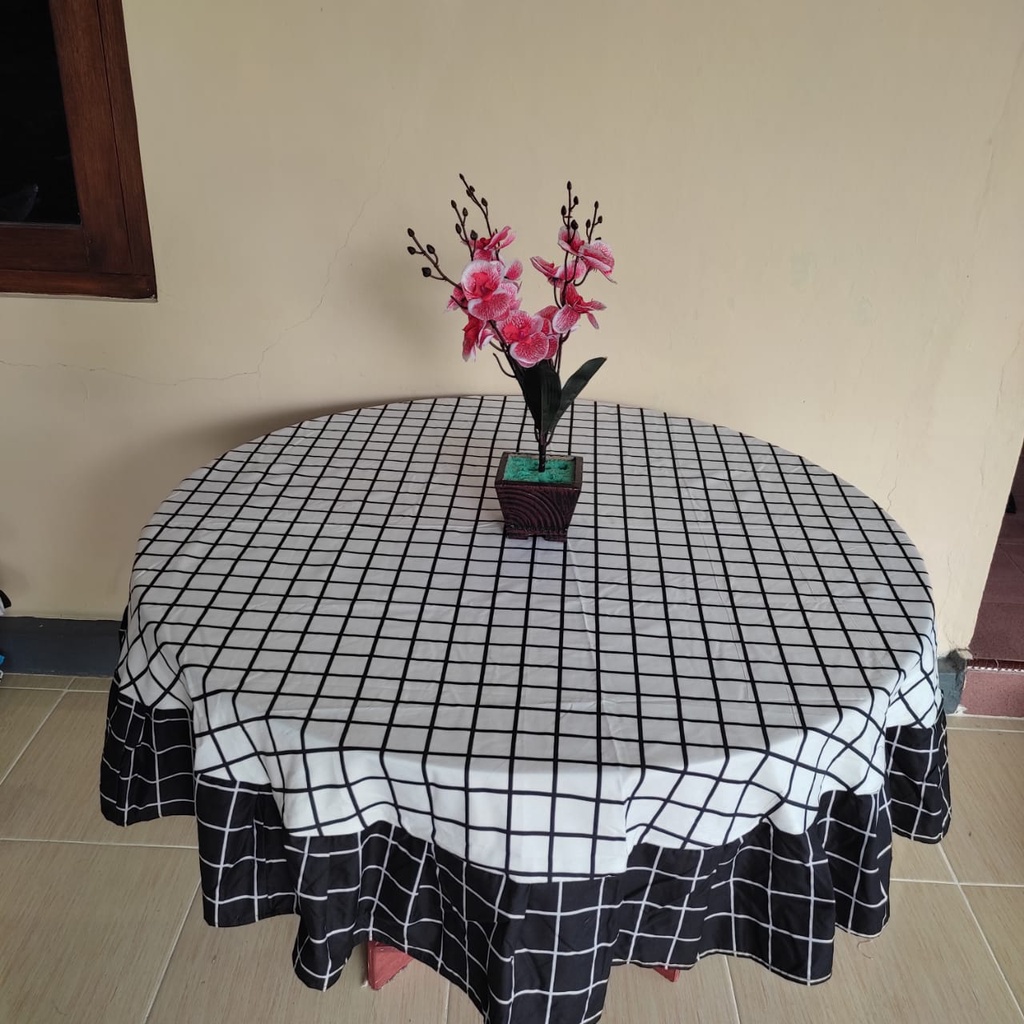 Taplak Alas Cover Meja Bentuk Bulat Kain Katun Model Rumbai Diameter 150 cm Aneka motif Dan Warna Dekorasi Rumah Minimalis