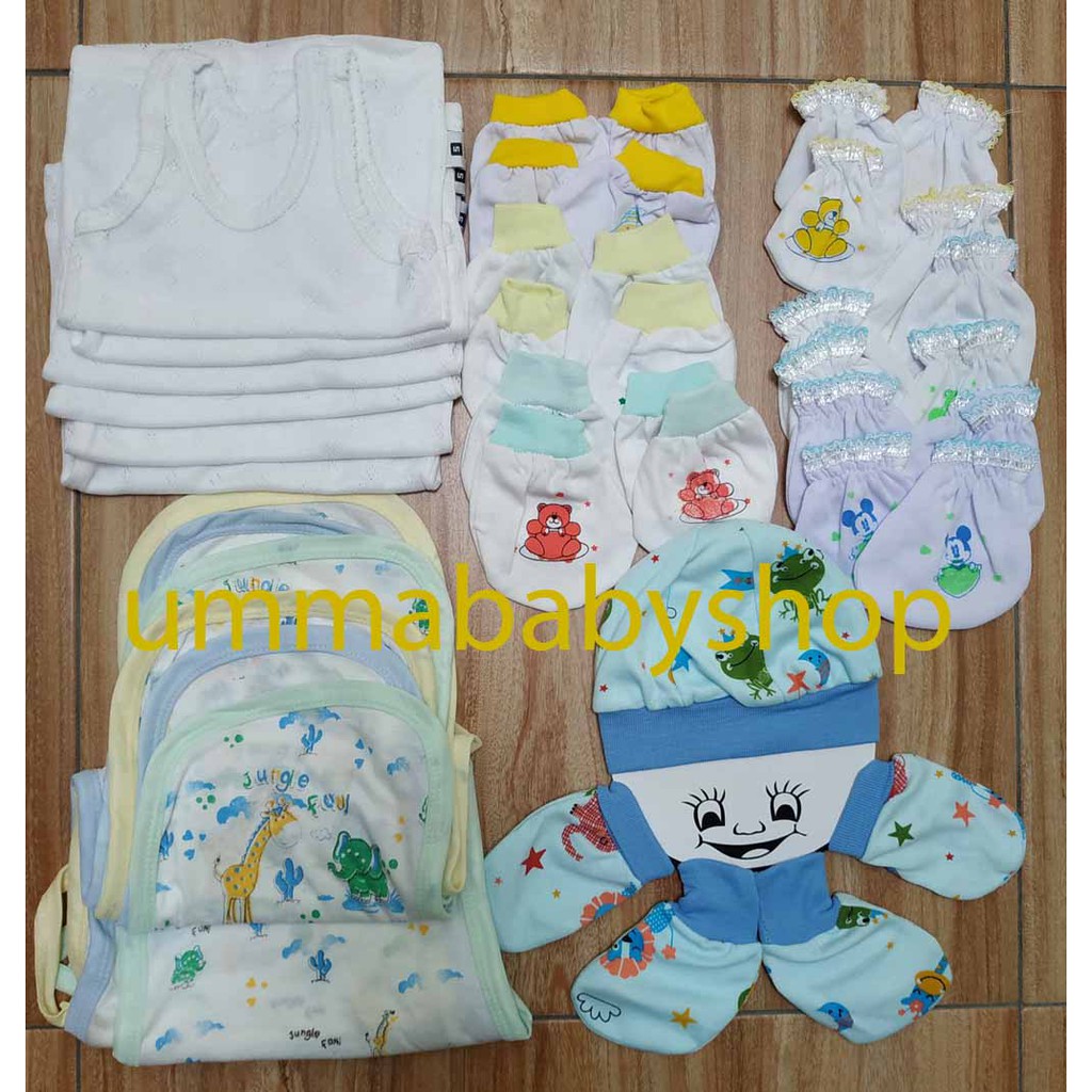 38pcs Paket Perlengkapan Baju Bayi Lahir Newborn Setelan Baju Bayi Polos Celana Popok Kado Singlet Topi Sarung Kaki Gift Set Motif Animal Lucu