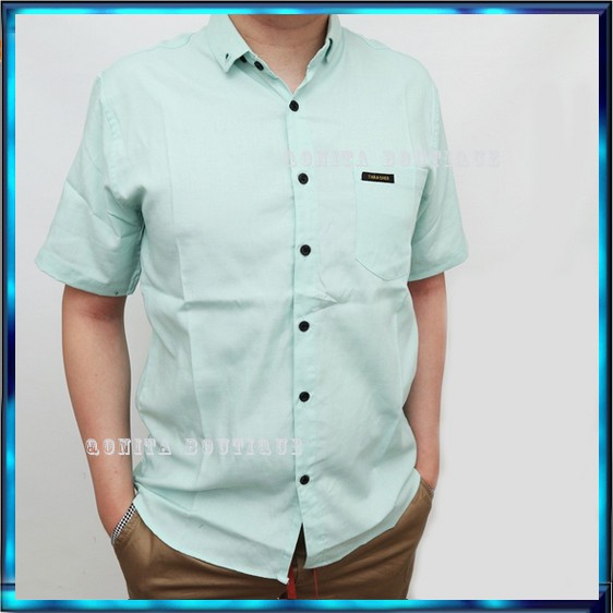 Kemeja Pria Lengan Pendek Polos Sage Katun Hijau Mint Toska Kasual XXL