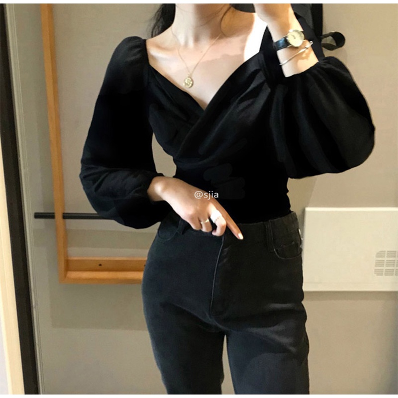 Kemeja Hitam Lengan Panjang Wanita Shirt Korean Retro Style Crop Blouse