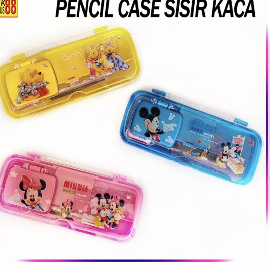 

Pencil case / tempat pensil kaca plastik karakter set harga per 1 pcs ada isi pencil stip serutan kaca dan sisir .,