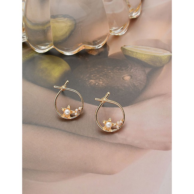 LRC Anting Tusuk Fashion Golden Pearl Star Geometric Cross Earrings D77323