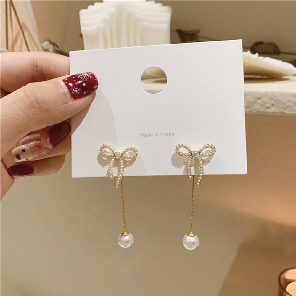 NEEDWAY Anting Stud Wanita Hadiah Trendi Rumbai Korea Busur Mutiara Pearl Earring