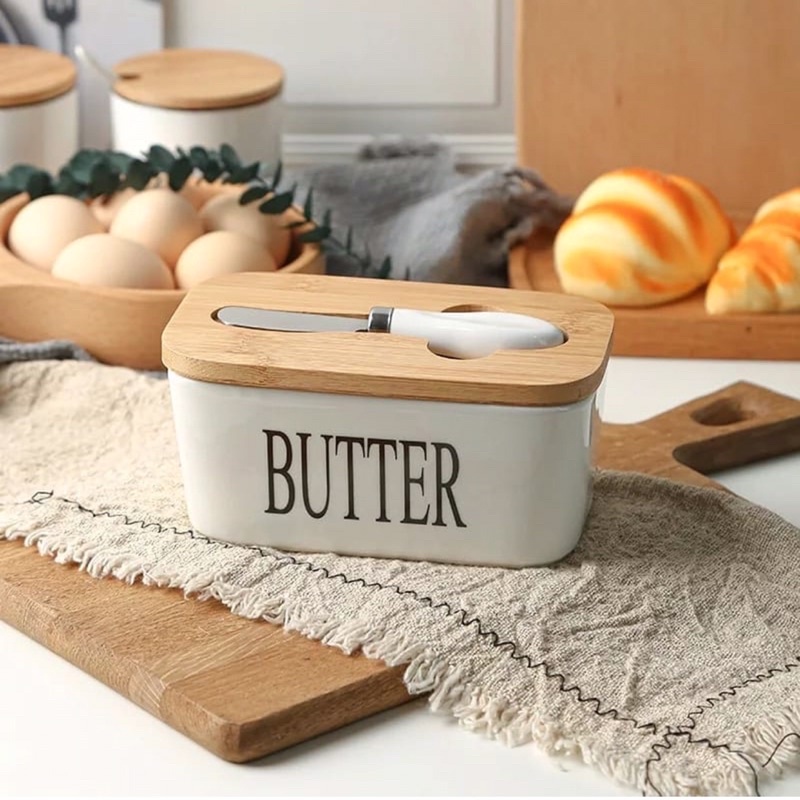 (BOW) Kotak Penyimpanan Mentega Butter Bahan Keramik Butter Storage Dengan Pisau Oles Dan Tutup Kayu