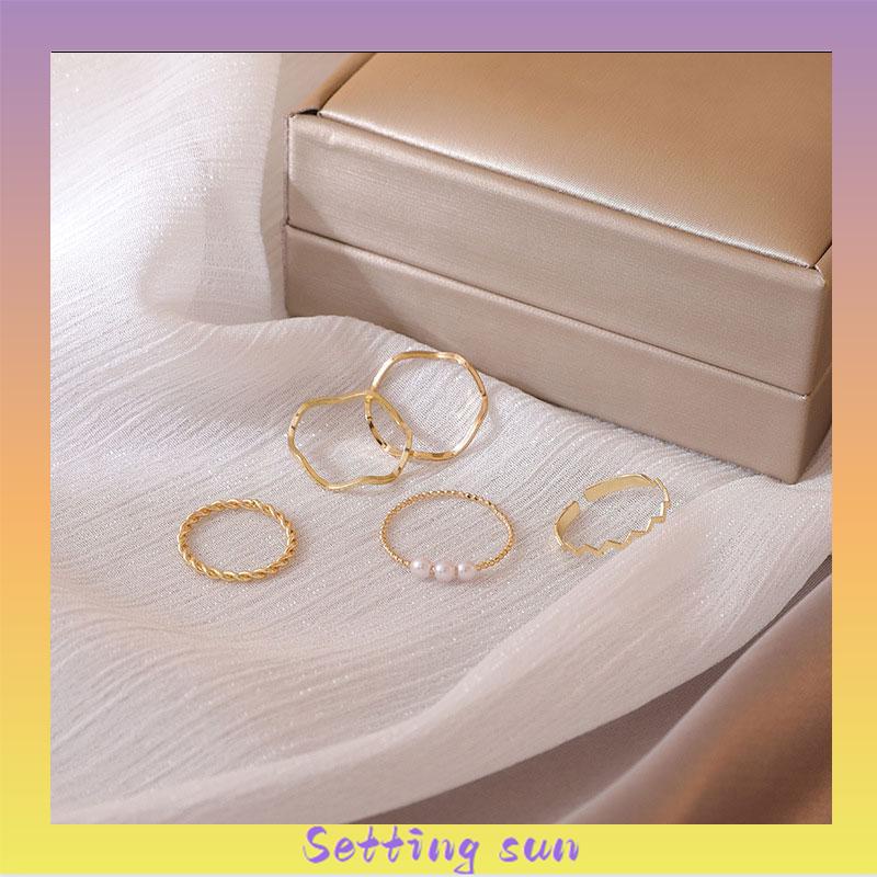 5 pcs Cincin Set Fashion Aksen Berlian Imitasi Mutiara Untuk Wanita TN