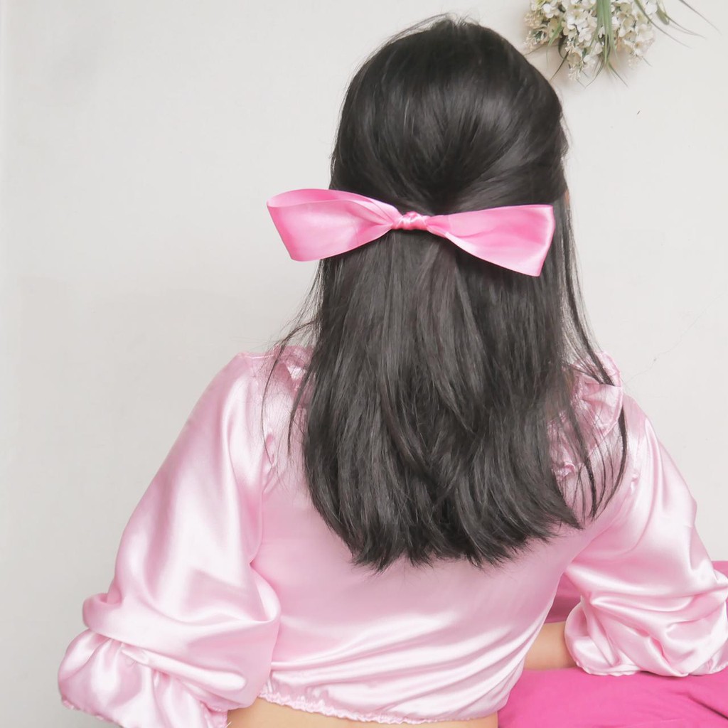nadiSSE Jepit Rambut Pita Nany Satin Warna Pastel Wanita Jepit Pita Satin Pink Besar Gaya Korea Lucu
