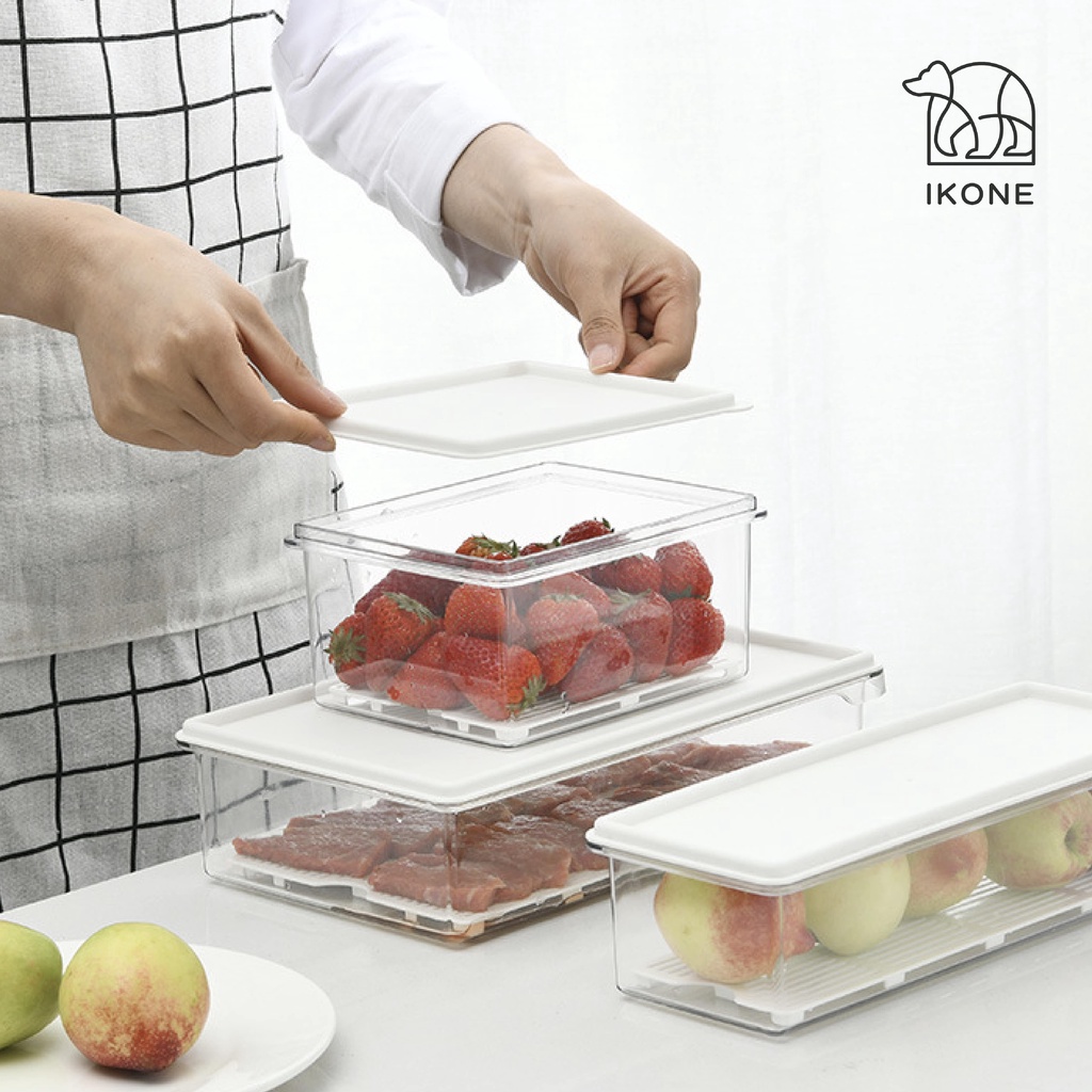 【IKONE】OGA Kotak Kontainer tempat Penyimpanan Makanan Kulkas Daging Sayur Buah Cabai Fridge Freezer Storage Box bening Putih Estetik Transparan Multi Fungsi Tupperwear Saringan Container Box Drainer Serbaguna Organiser Box