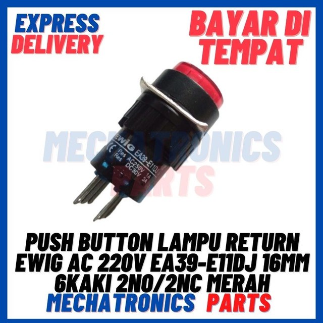 [SWI-9075] PUSH BUTTON LAMPU RETURN EWIG AC 220V EA39-E11DJ 16MM 6KAKI 2NO/2NC MERAH