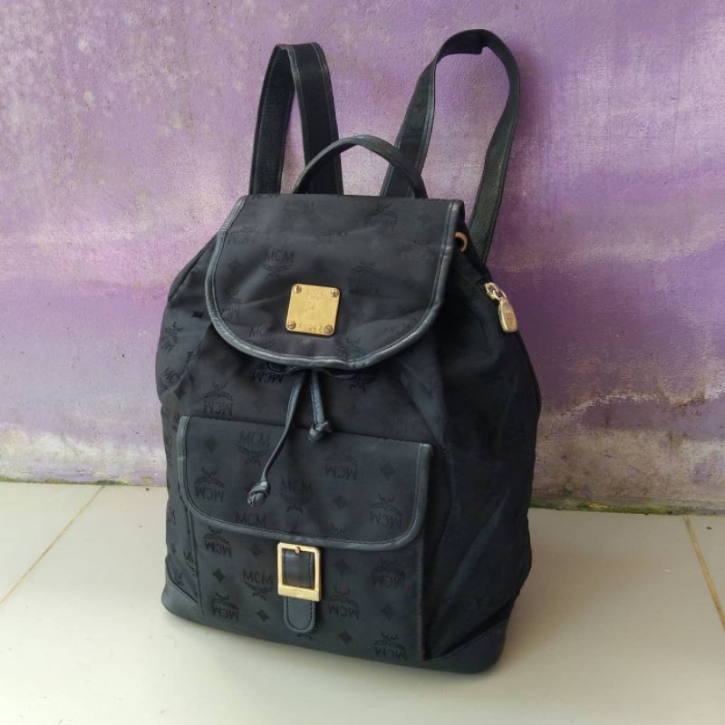 Tas MCM Authentic Drawstring Backpack Ransel Serut Preloved Nylon Fabric Leather Second