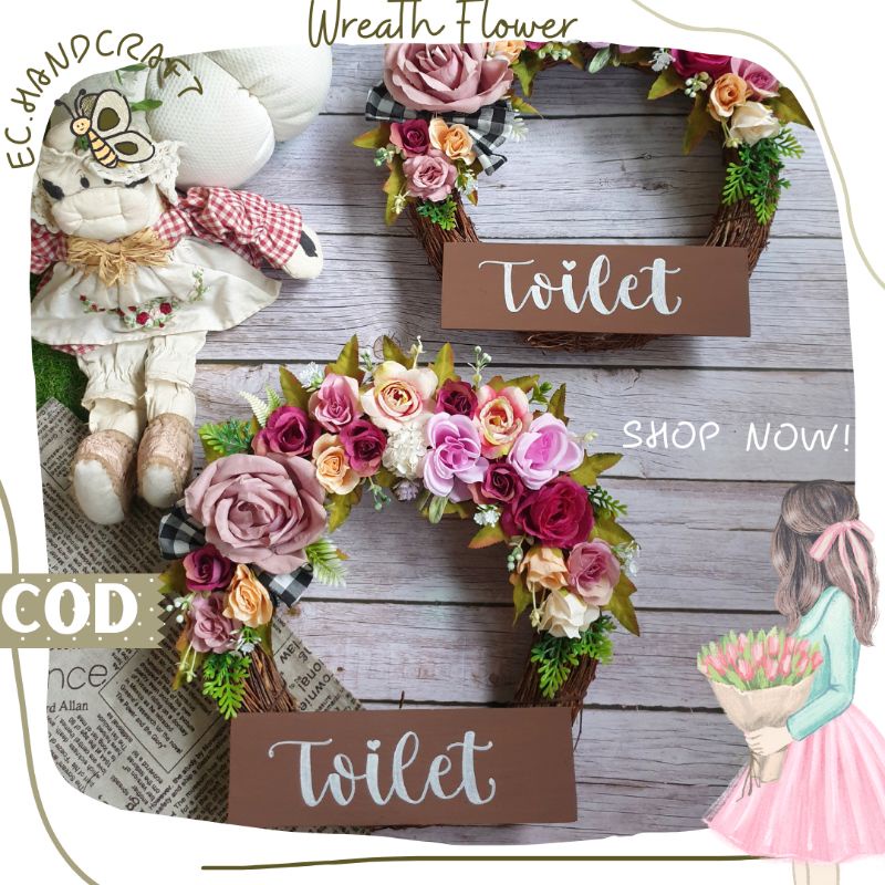 Hiasan Dinding Hiasan Kamar Mandi Hiasan Pintu Wreath Flower Akar Tulisan Toilet Homedecor