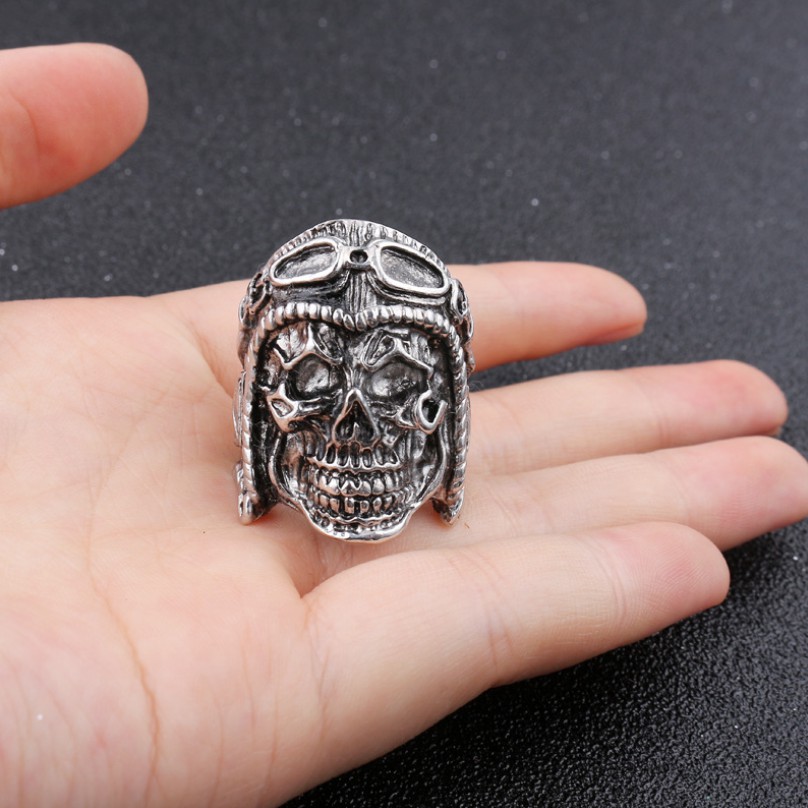 SEUSUK  Cincin Desain Tengkorak Pilot Gaya Punk/Gothic/Steampunk/Vintage untuk Pria/Wanita cincin