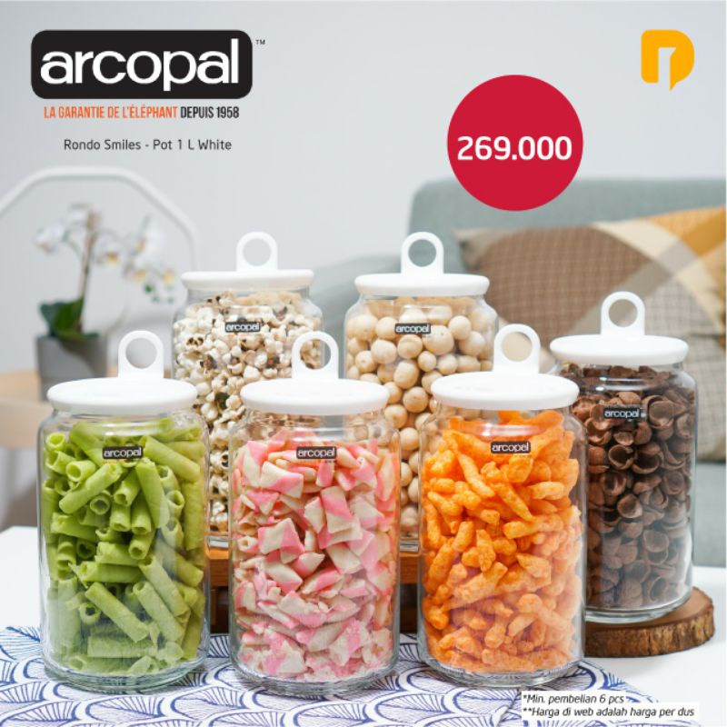 ARCOPAL RONDO SMILES - POT 1 L WHITE TOPLES PREMIUM DENGAN KACA YANG TEBAL DAN TUTUP SUPER RAPAT