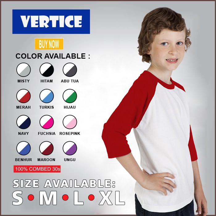 Vertice Kaos Polos Raglan Anak. Kaos Raglan Polos Anak Laki-Laki Lengan 3/4 - Putih Tangan Warna
