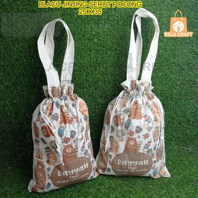 

tas souvenir ulang tahun/totebag custom/25X35 serut pocong cetak A3 1s
