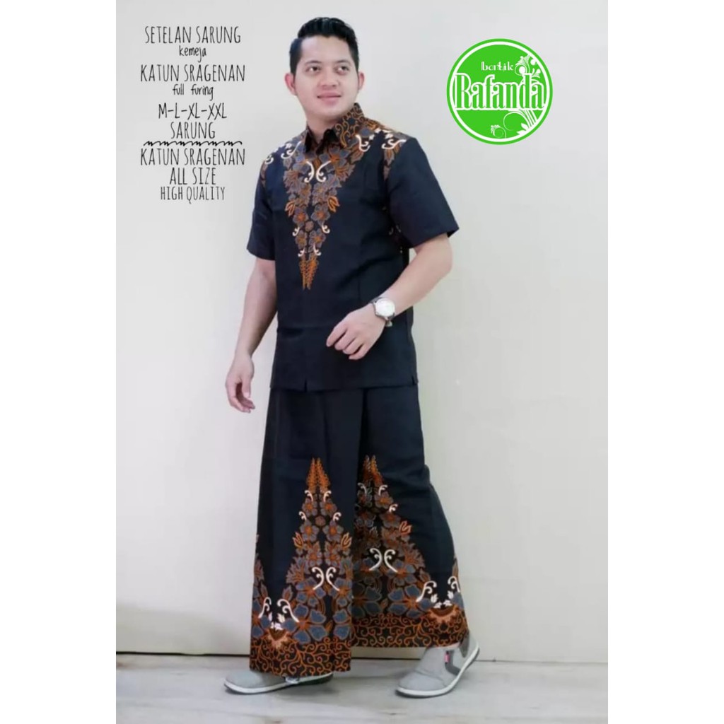 Setelan sarung kemeja batik solo pria lengan pendek full furing premium modern