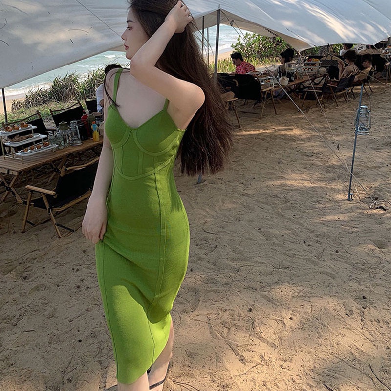 Suhao Pure Desire Knit Baju Tanpa Lengan Musim Panas Baru Rok Midi Rok Kurus Lembut dan Seksi