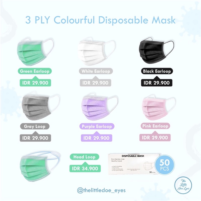 [READY] 3 PLY Colourful Disposable Mask/ 3 ply masker (isi 50pcs)