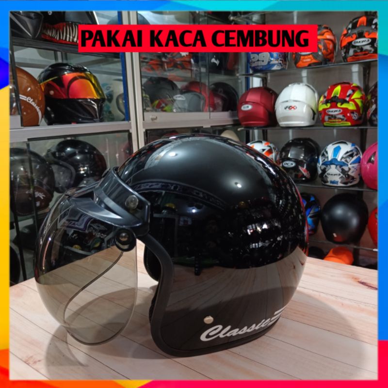 HELM BOGO DEWASA GARIS CLASIC SUDAH TERMASUK KACA DATAR ATAU FLAT