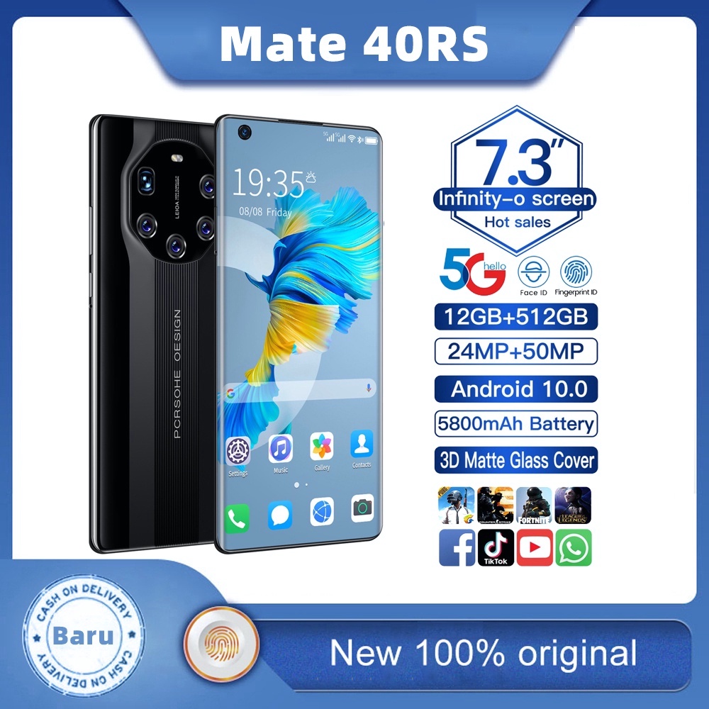 Merek Smartphone Baru Mate40 RS Android 12GB RAM + 512GB ROM Layar 7.3 Inci Kamera HD 5G Bluetooth Smart-Mobile