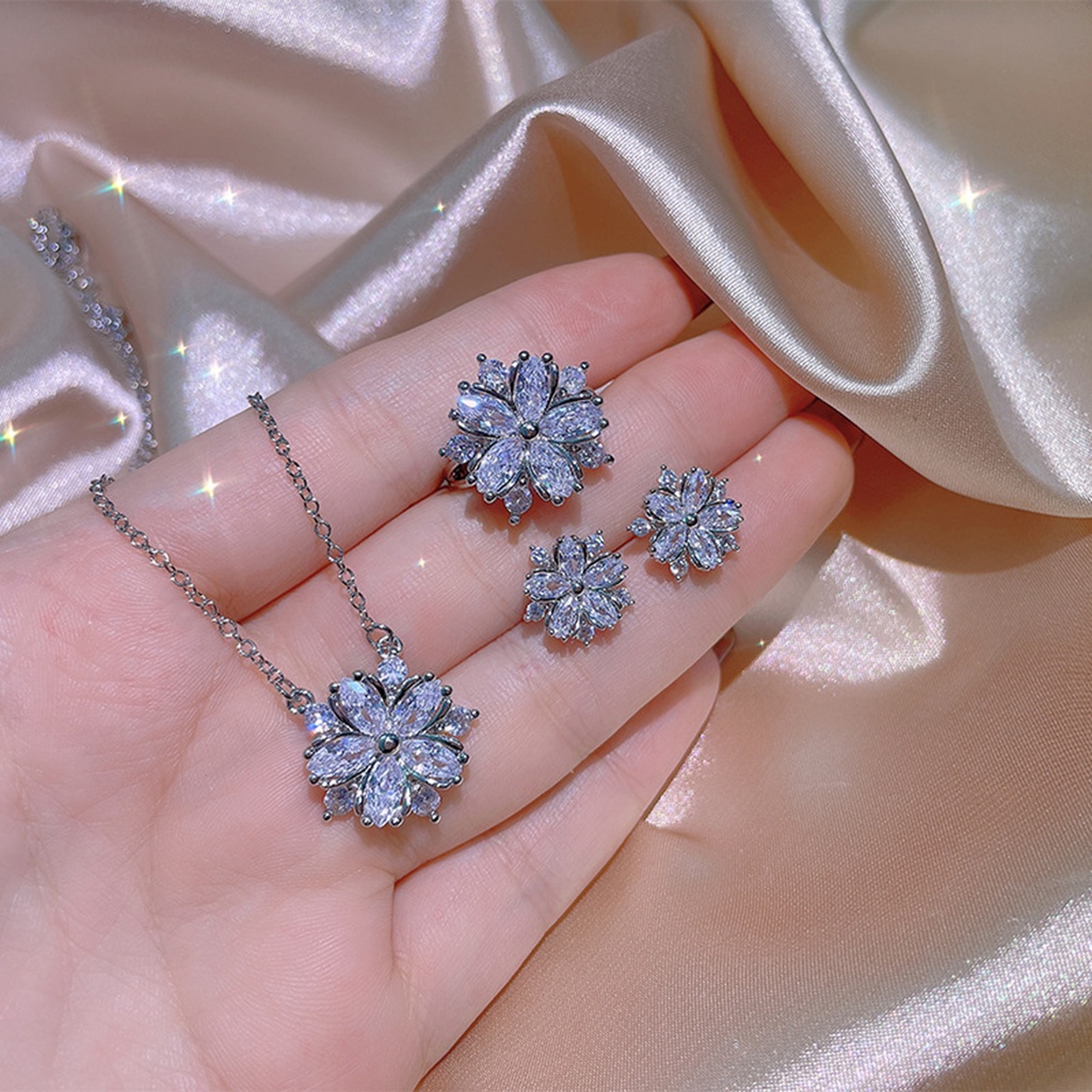 Hu Hu Hu Hu Hu Alat Bantu Pasang Kacamata♡ Kalung Dan Anting Stud Bentuk Bunga Model Lapis Ganda Bahan Cubic Zirconia Untuk Wanita