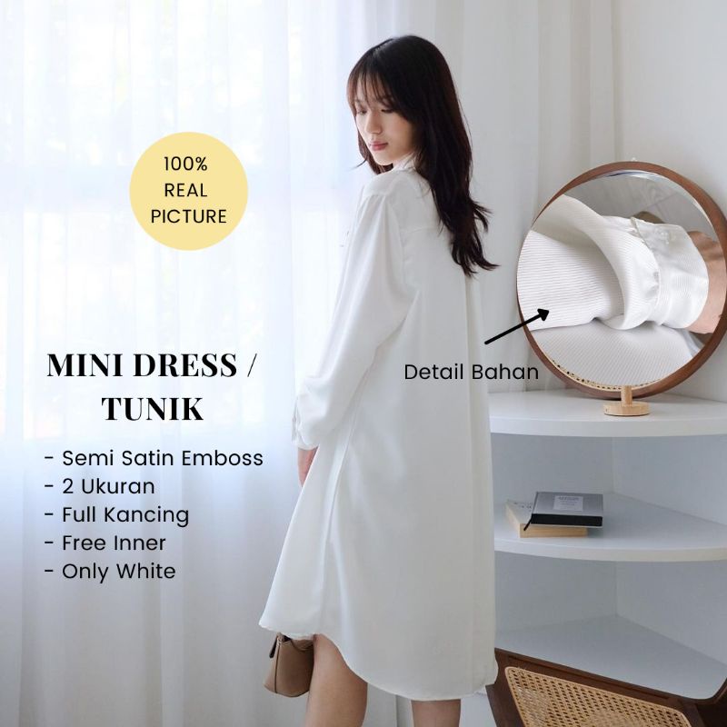 Mini Dress Kemaja Tunik Korea Casual Putih Wanita Cewek
