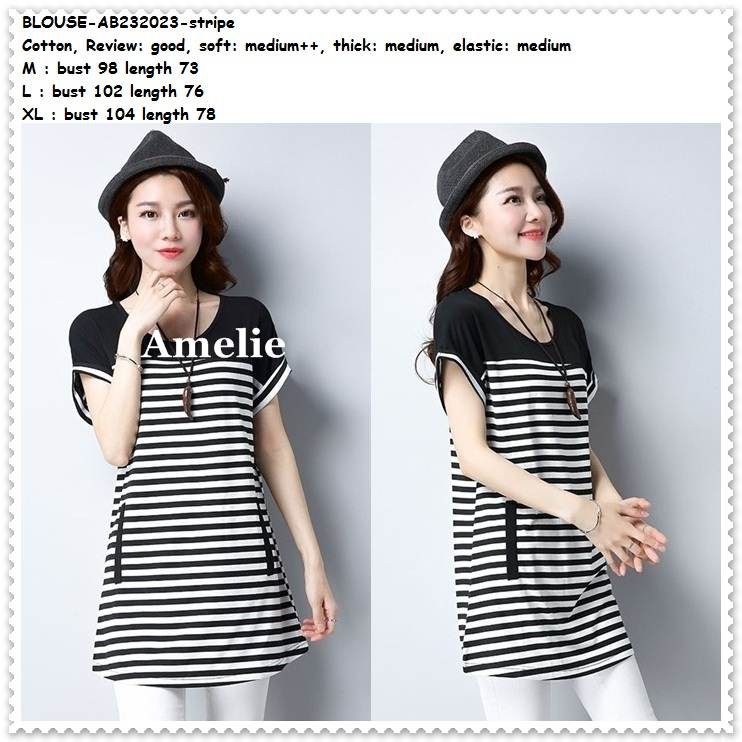 Baju Atasan Garis Kaos Hitam Putih White Stripe Blouse Wanita Korea Import Pakaian Wanita Kekinian