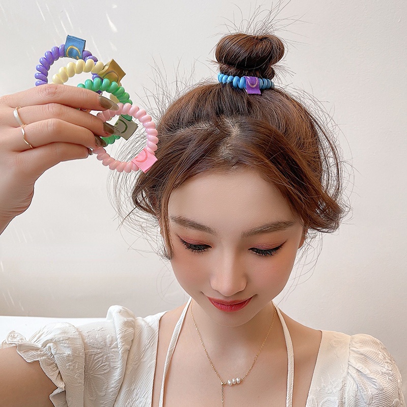 2022 Ikat Rambut Model Kabel Telepon Motif Smiley Face Warna Permen Gaya Korea Untuk Wanita