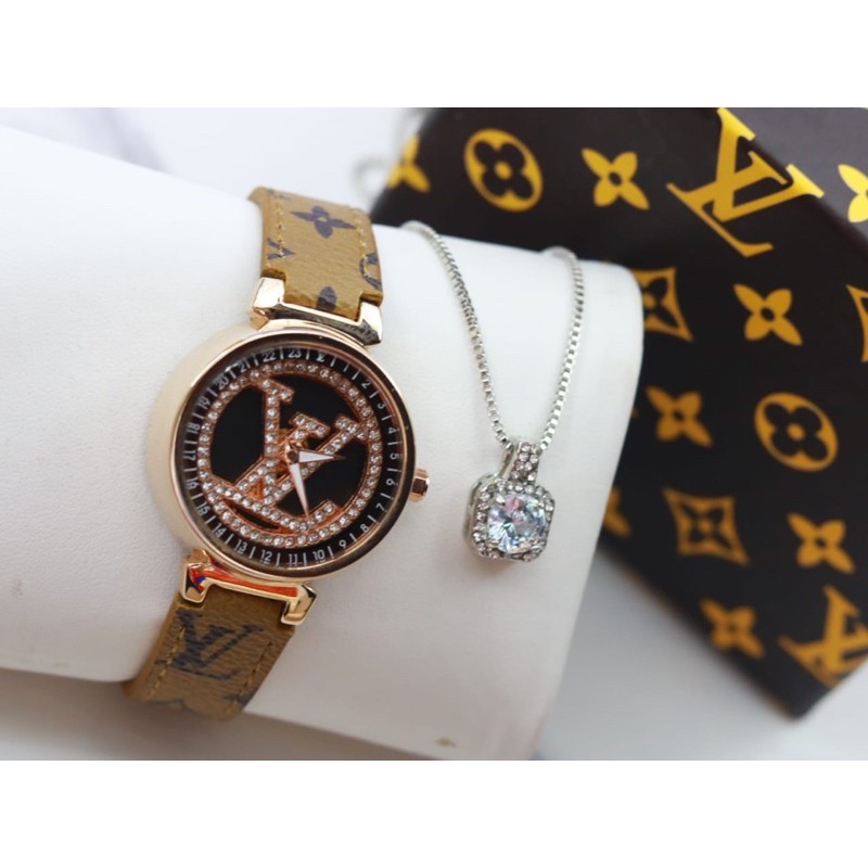 Jam Tangan wanita LV putar Free Kalung Diameter 3.3Cm#jamtanganwanita