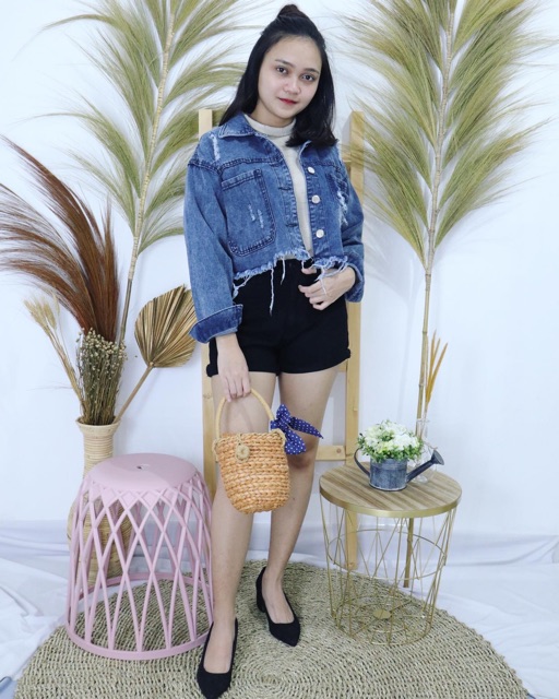 Destroy Ripped Crop Premium Jacket Jeans | Jaket denim jeans sobek wanita