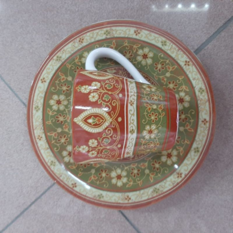 [SET] PIRING DAN MUG KERAMIK SANGO MOTIF JADUL VINTAGE HIASAN PAJANGAN DEKOR DINDING DAPUR CANTIK
