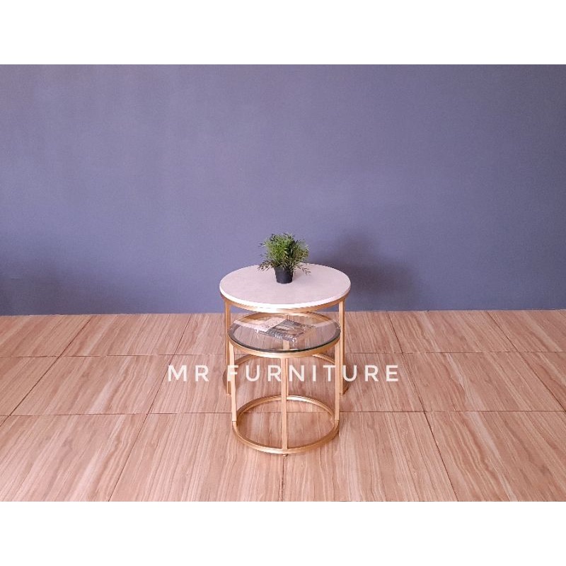 Meja Tamu Nesting Table Kombinasi Marmer dan Kaca Finishing Gold Terlaris-4