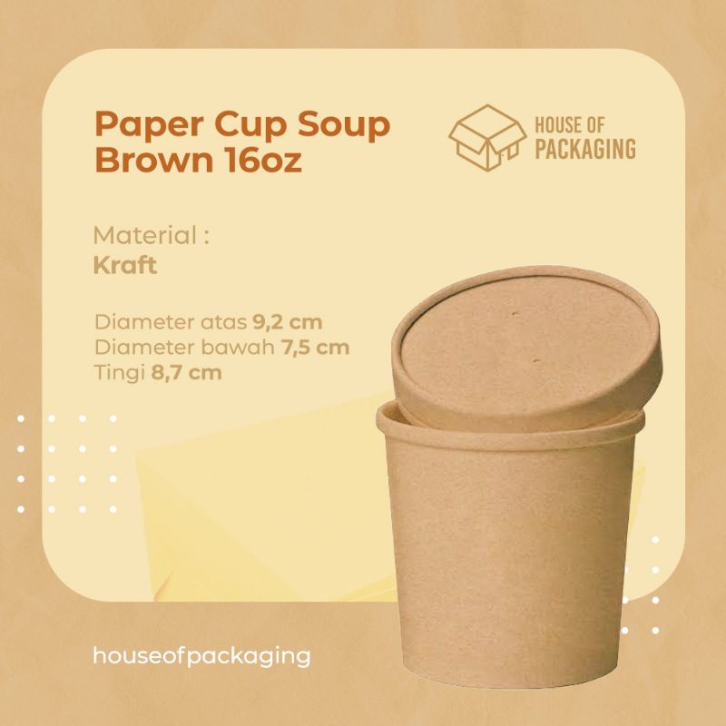

PAPER CUP BROWN KRAFT SOUP 16OZ / Gelas Kertas Kraft 480ml + lid @25pcs