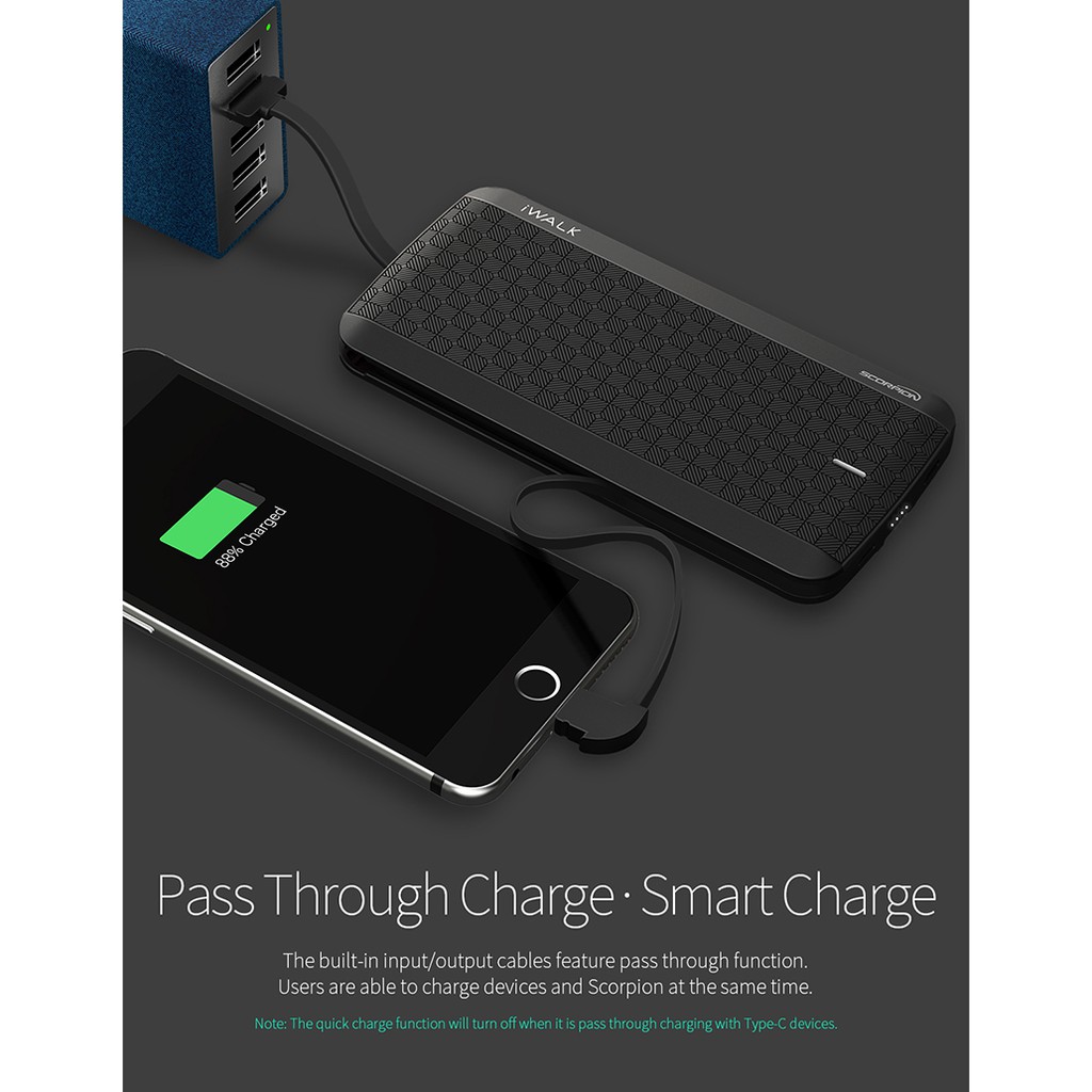 IWALK UBT12000X Scorpion Power Bank 12000mAh Built-in Cable