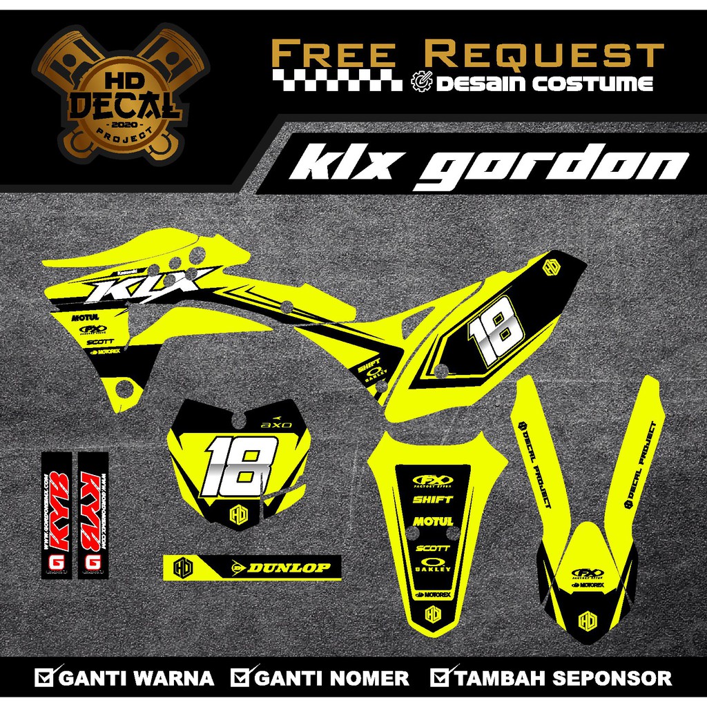 Decal klx Gordon /Decal Klx Dtracker/Bf Hijau stabilo  desain costume