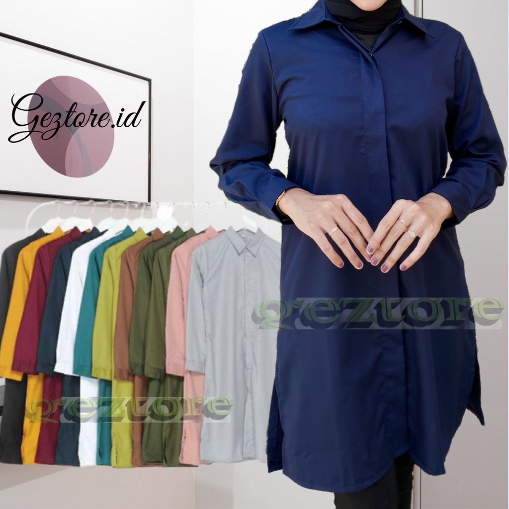 Baju Kemeja Atasan Long Tunik Tunic Kancing Depan Lengan Panjang Navy Polos Fashion Pakaian Muslim W