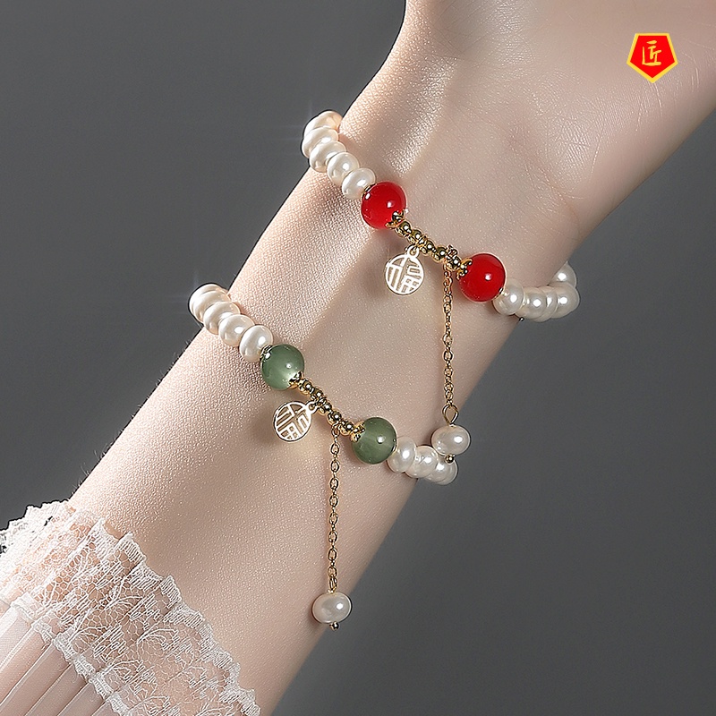 Pearl Fu Character Bracelet Sweet Exquisite Red Agate Bracelet Female Hetian Jade Lucky Bracelet