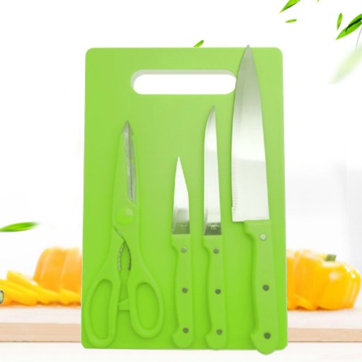 Cod - J2low - Partyhouse -set Pisau Dapur Knife Set 5in1 + Talenan Stainless Pisau Dapur 20cmx30cm