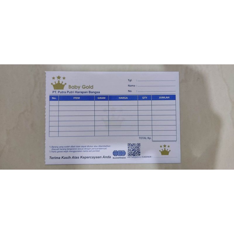 NOTA kosong BABY GOLD 1 lembar rangkap 2 (putih dan merah)