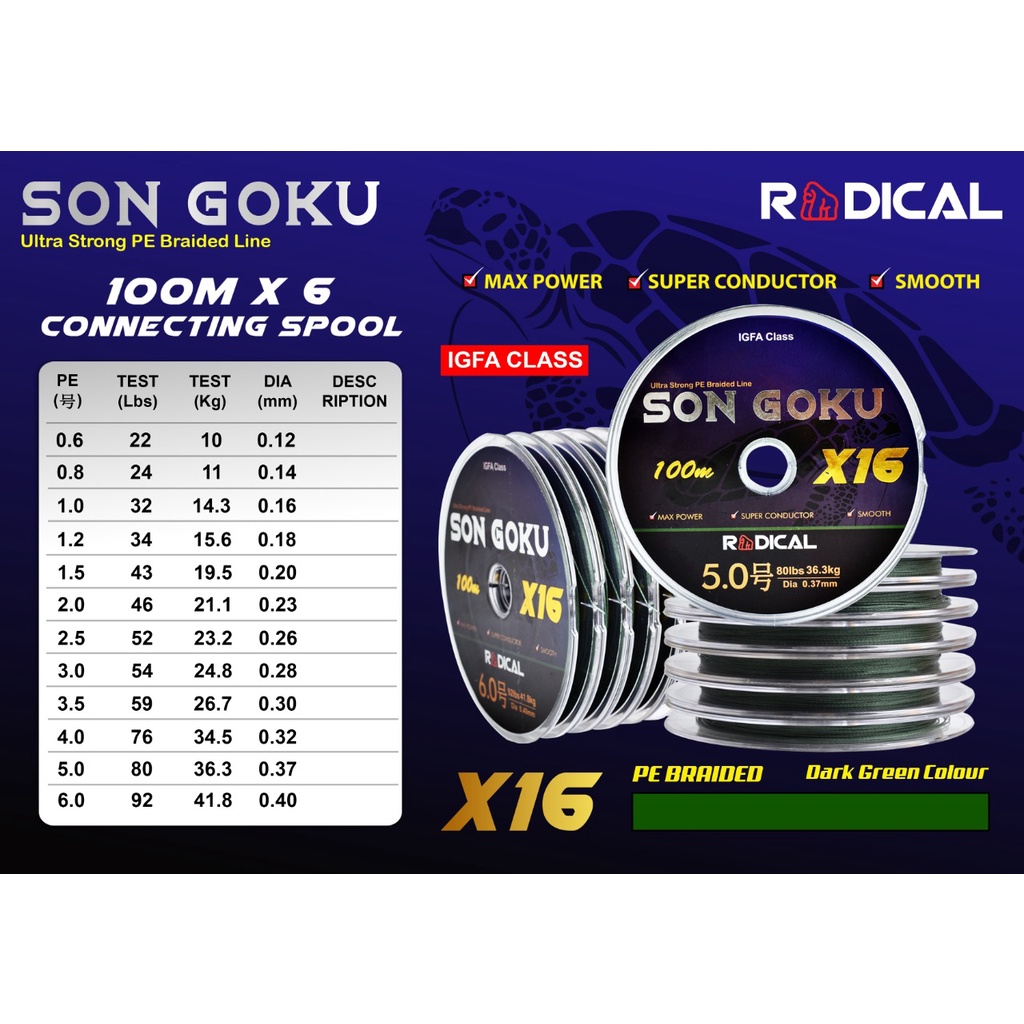 New SENAR PANCING RADICAL SON GOKU X16 100M MOSS GREEN TYPE BRAID(PE)