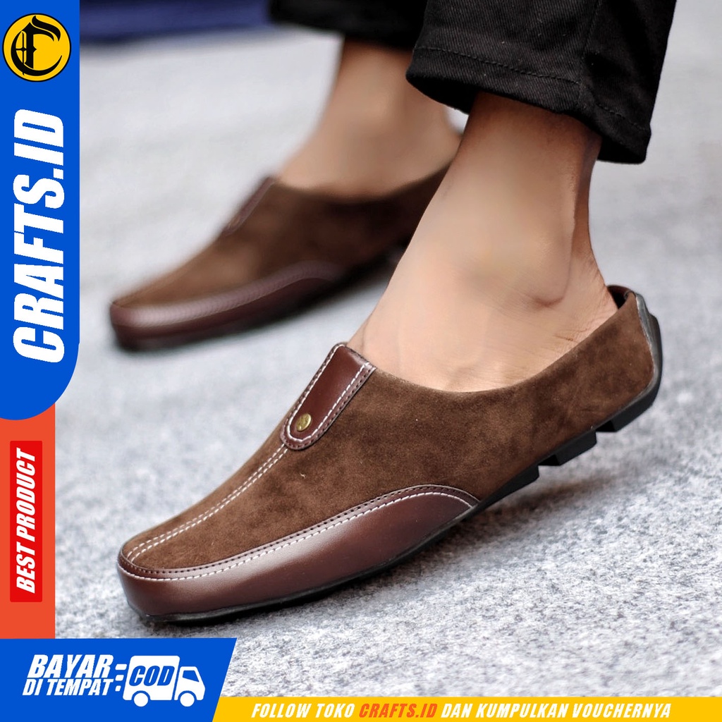 Sepatu Sendal Pria Casual Sepatu Slop Keren Kerja Outdoor Kulit Suede Original CRAFTS LUCCU