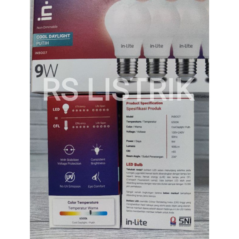 paket 9w 3pc gratis 1pc merk in lite inlite in-lite 9 watt cahaya putih lampu led bulb INB007